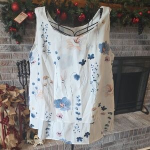 Floral Sleeveless Top - White and Blue